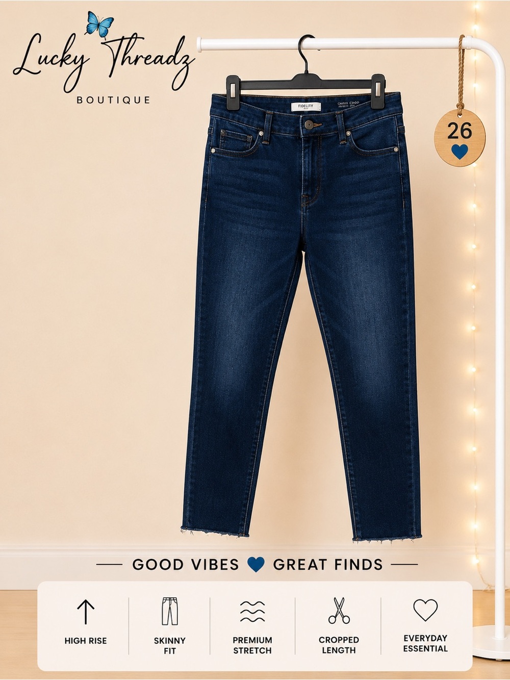 Fidelity Denim Gwen High Rise Skinny Crop Ankle Jeans 26 Blue Raw Hem Premium